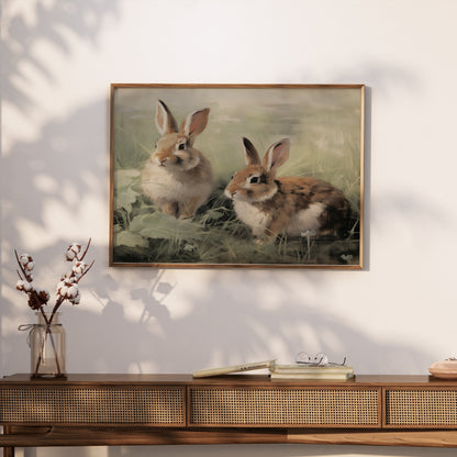 Premium Poster of Adorable Bunnies in Meadow Scene Art Print Posters