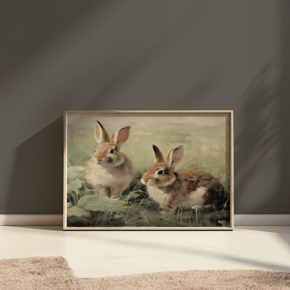 Premium Poster of Adorable Bunnies in Meadow Scene Art Print Posters