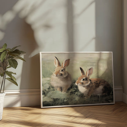 Premium Poster of Adorable Bunnies in Meadow Scene Art Print Posters