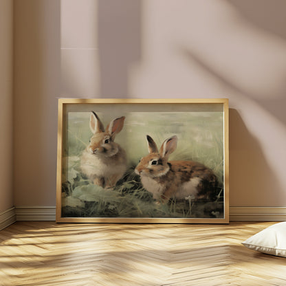 Premium Poster of Adorable Bunnies in Meadow Scene Art Print Posters