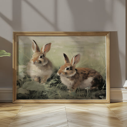 Premium Poster of Adorable Bunnies in Meadow Scene Art Print Posters