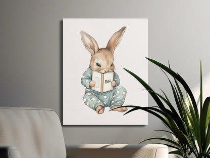 Premium Poster of Adorable Bunny Reading a Book Nursery Canvas Wraps