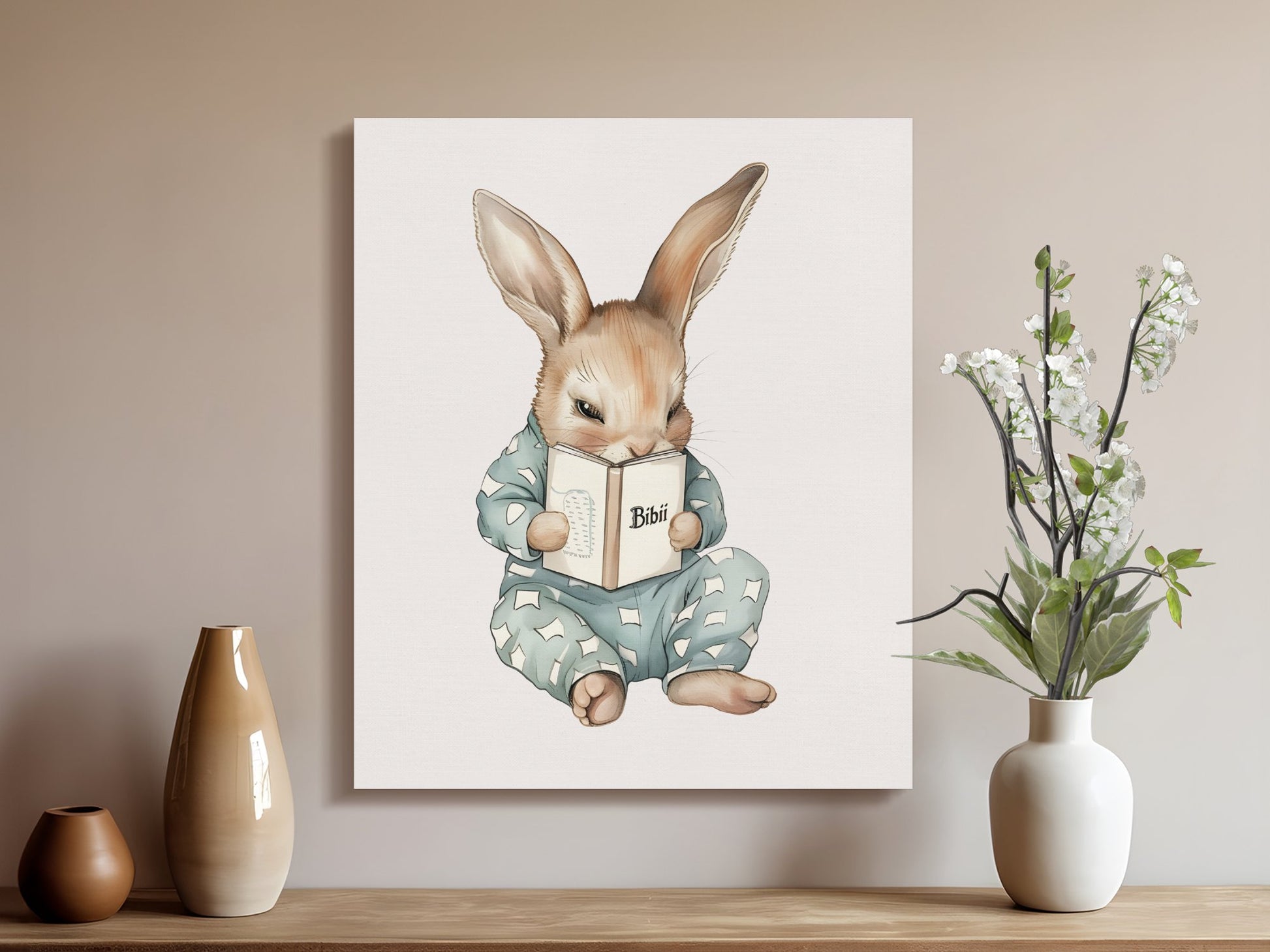 Premium Poster of Adorable Bunny Reading a Book Nursery Canvas Wraps