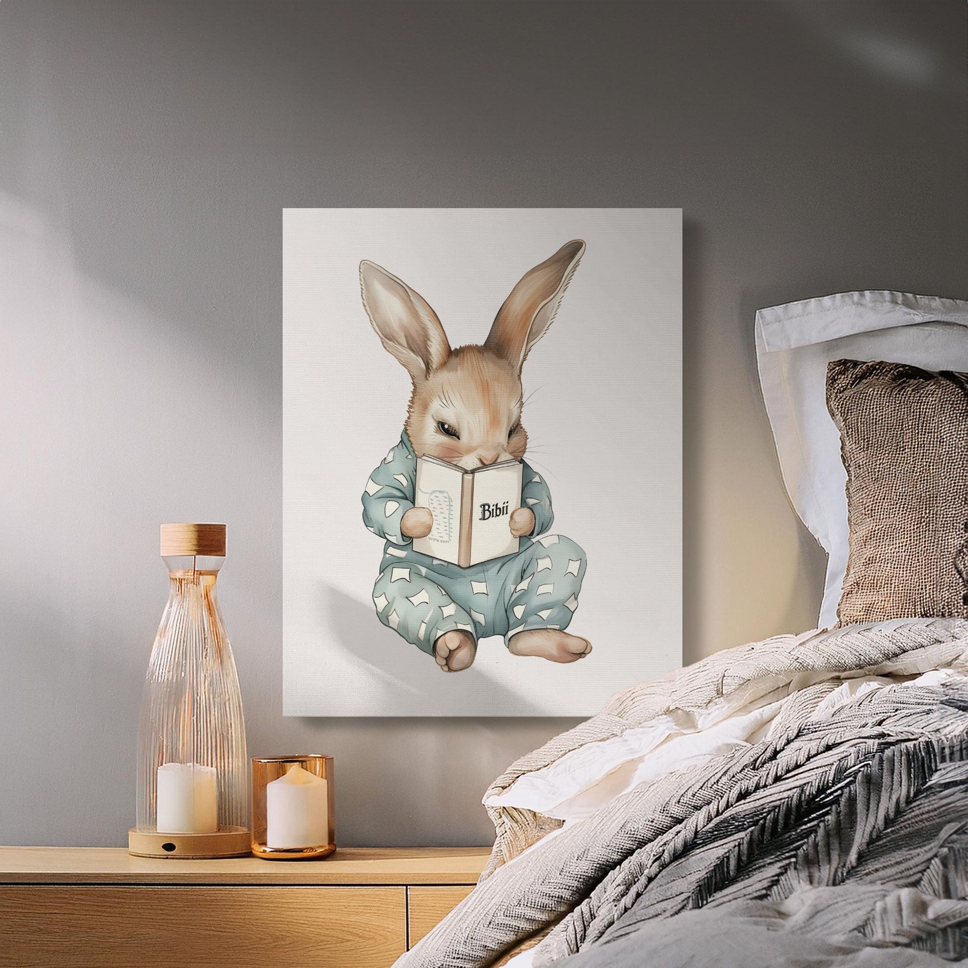 Premium Poster of Adorable Bunny Reading a Book Nursery Canvas Wraps