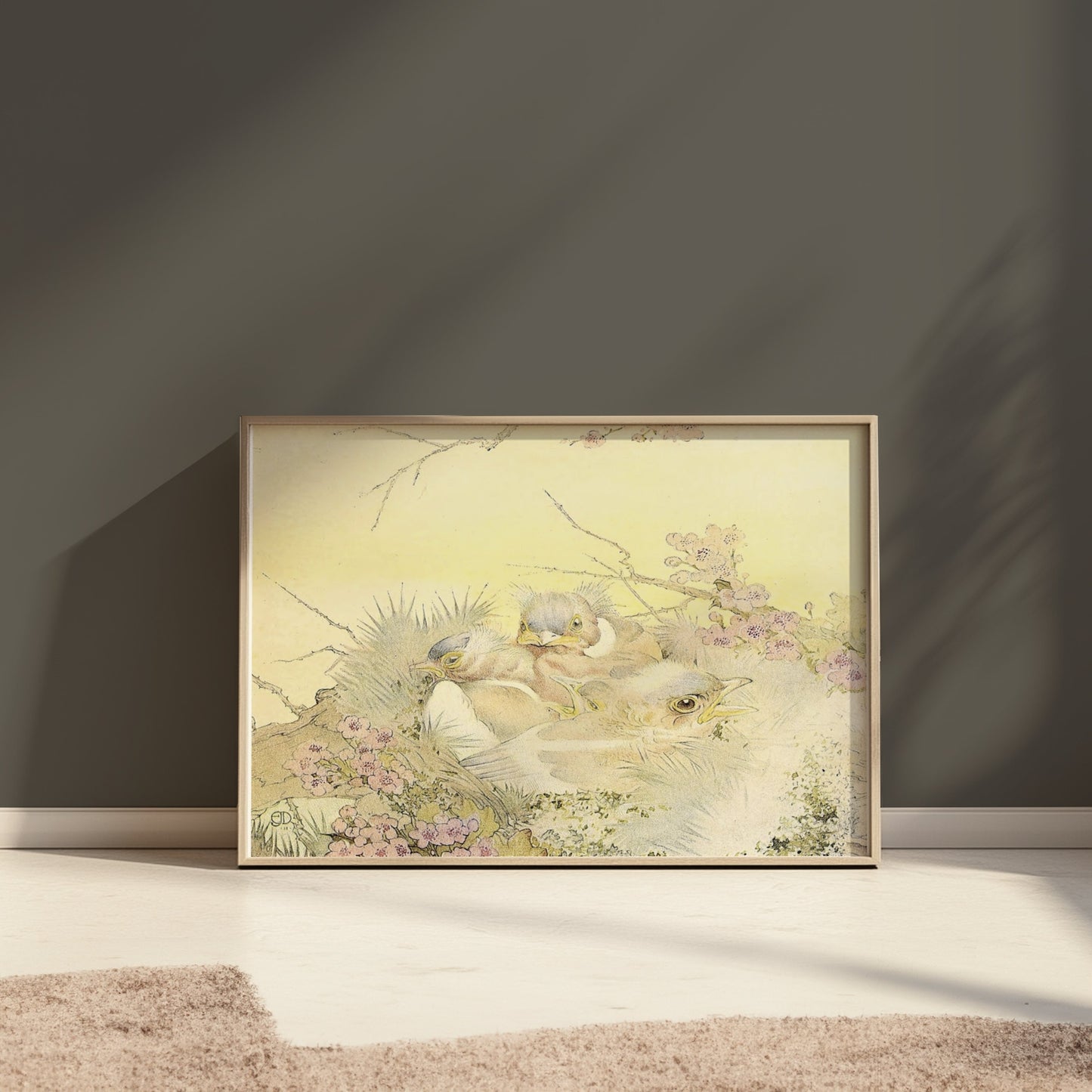 Premium Poster of Adorable Chicks in Nest with Floral Background Posters
