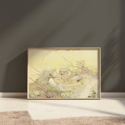 Premium Poster of Adorable Chicks in Nest with Floral Background Posters