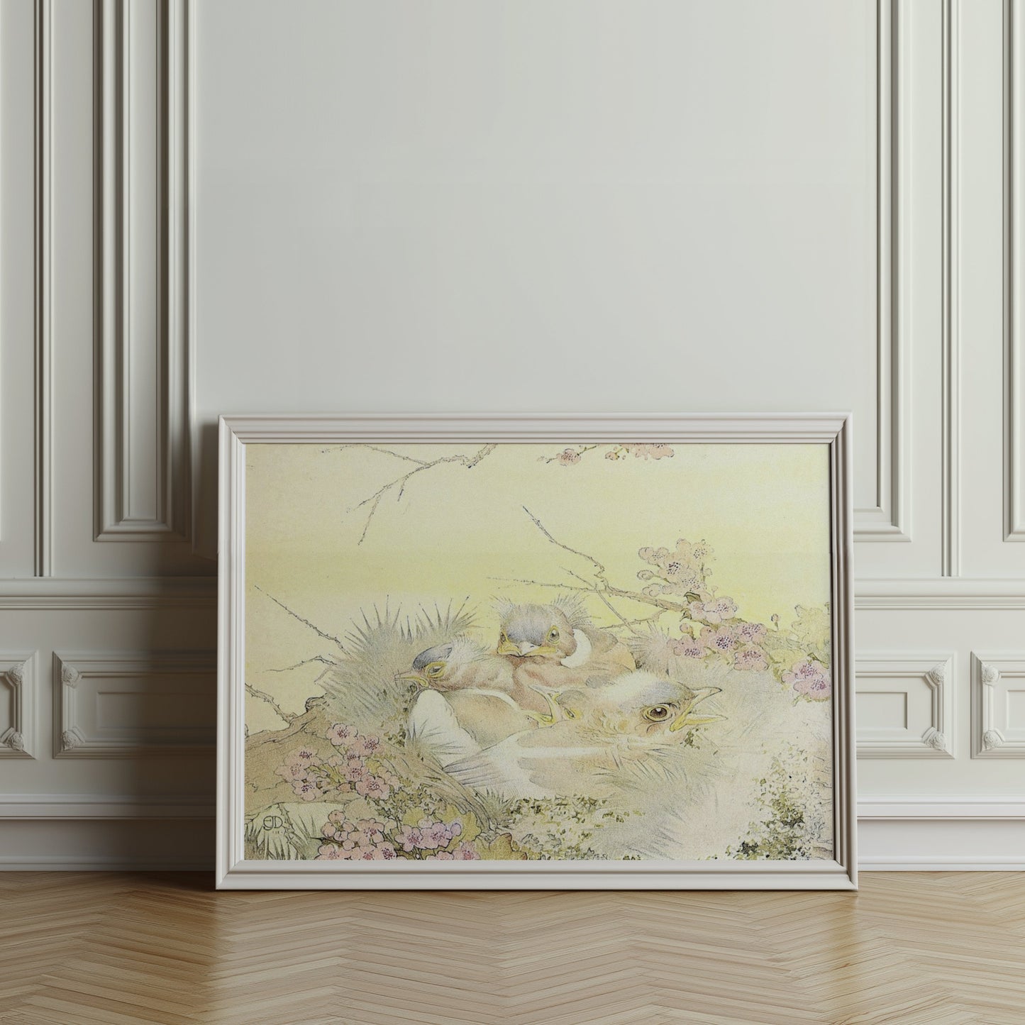 Premium Poster of Adorable Chicks in Nest with Floral Background Posters