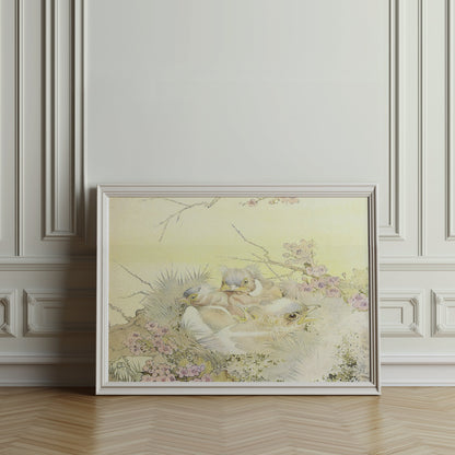 Premium Poster of Adorable Chicks in Nest with Floral Background Posters