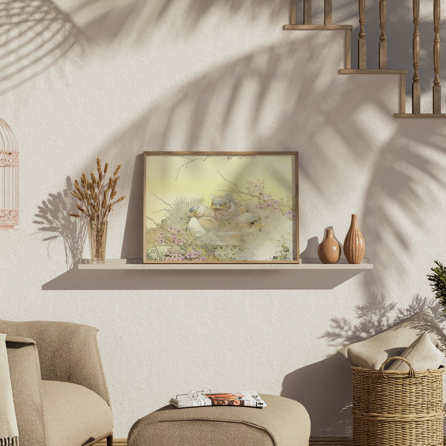 Premium Poster of Adorable Chicks in Nest with Floral Background Posters
