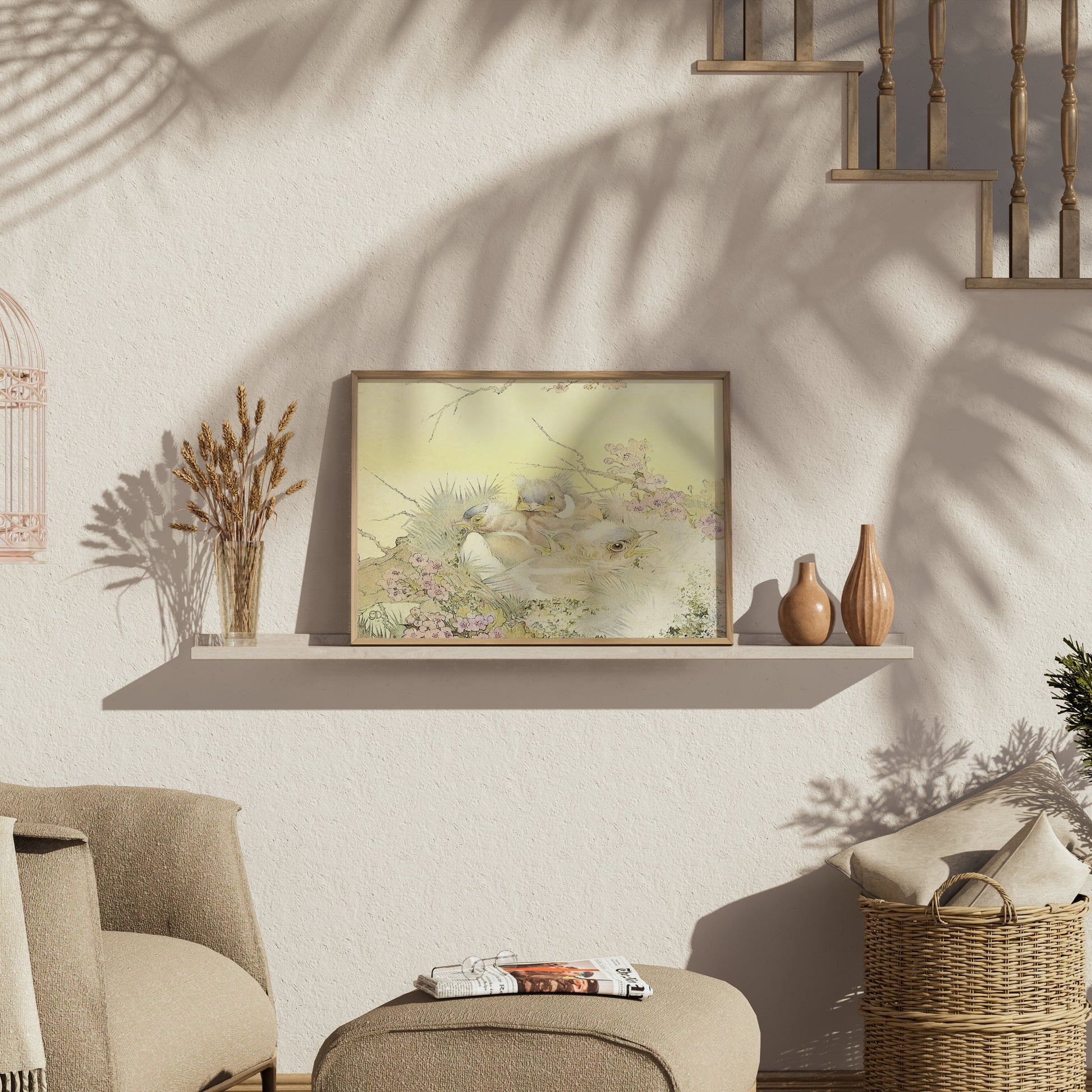 Premium Poster of Adorable Chicks in Nest with Floral Background Posters