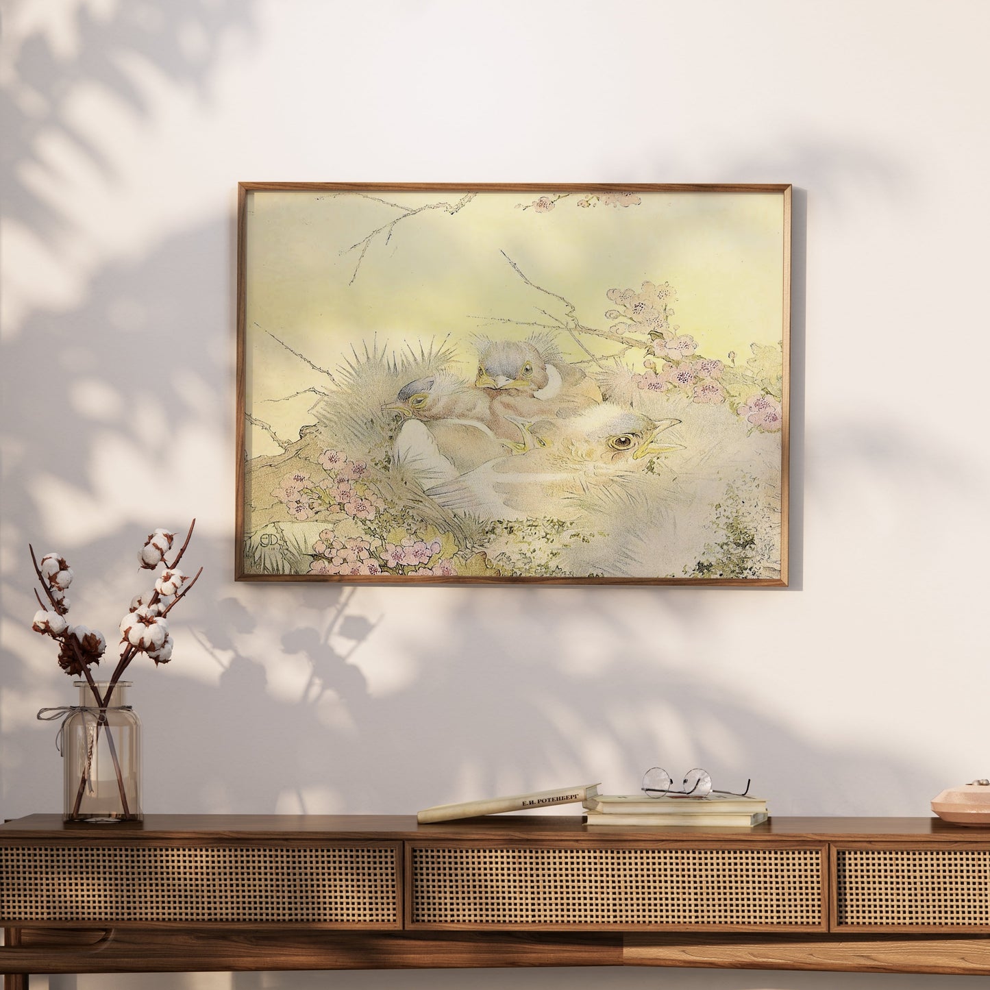 Premium Poster of Adorable Chicks in Nest with Floral Background Posters