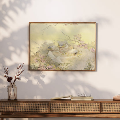 Premium Poster of Adorable Chicks in Nest with Floral Background Posters