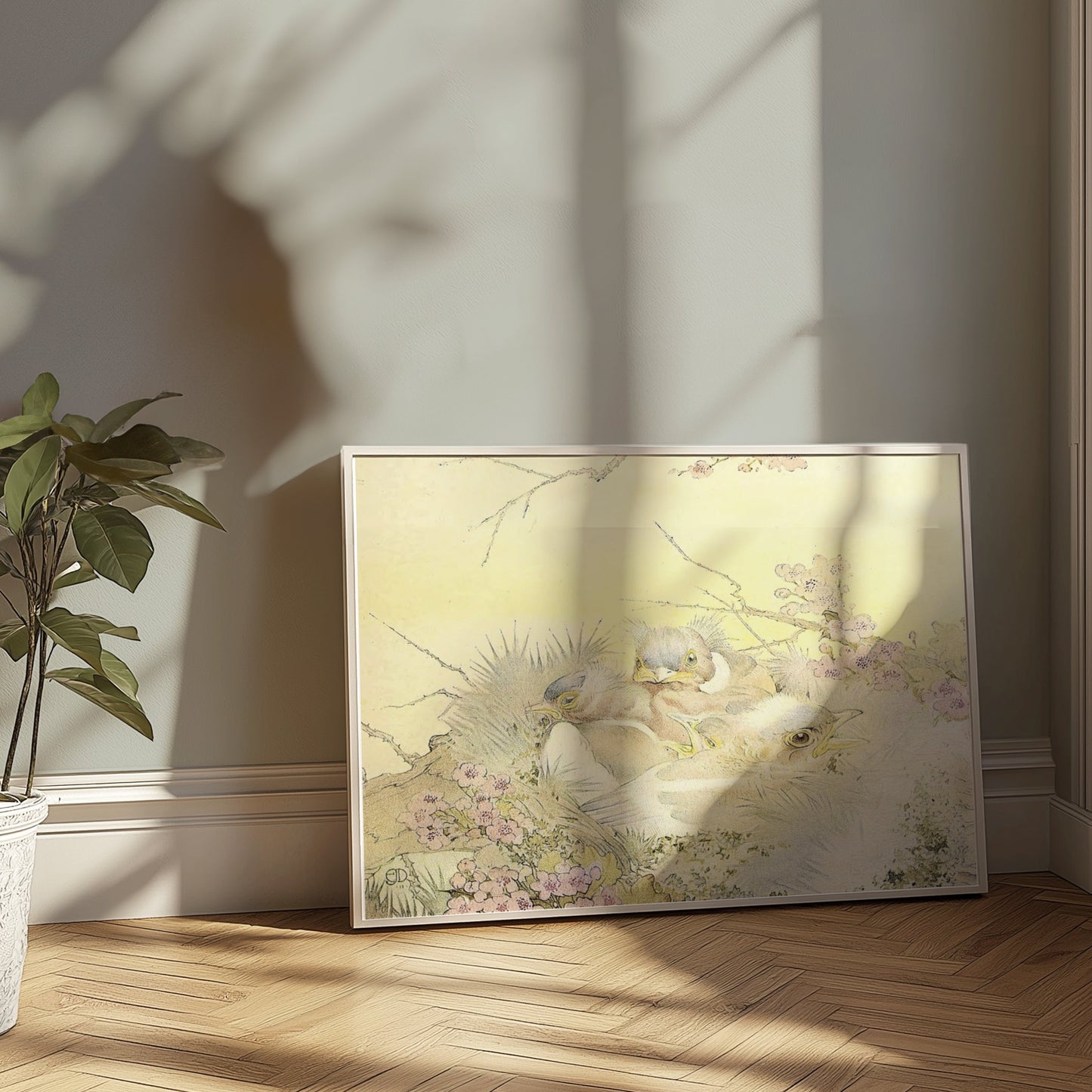 Premium Poster of Adorable Chicks in Nest with Floral Background Posters