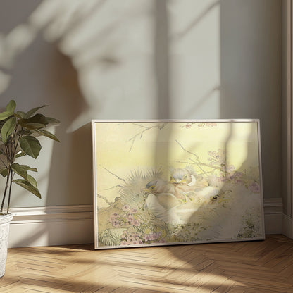Premium Poster of Adorable Chicks in Nest with Floral Background Posters
