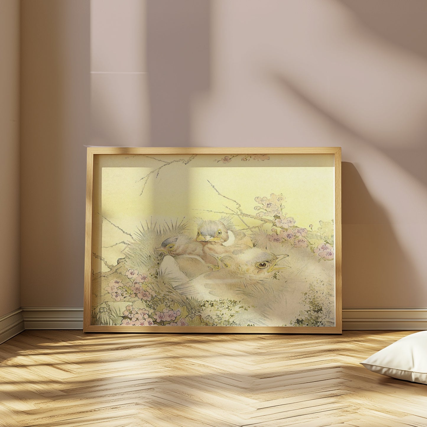 Premium Poster of Adorable Chicks in Nest with Floral Background Posters