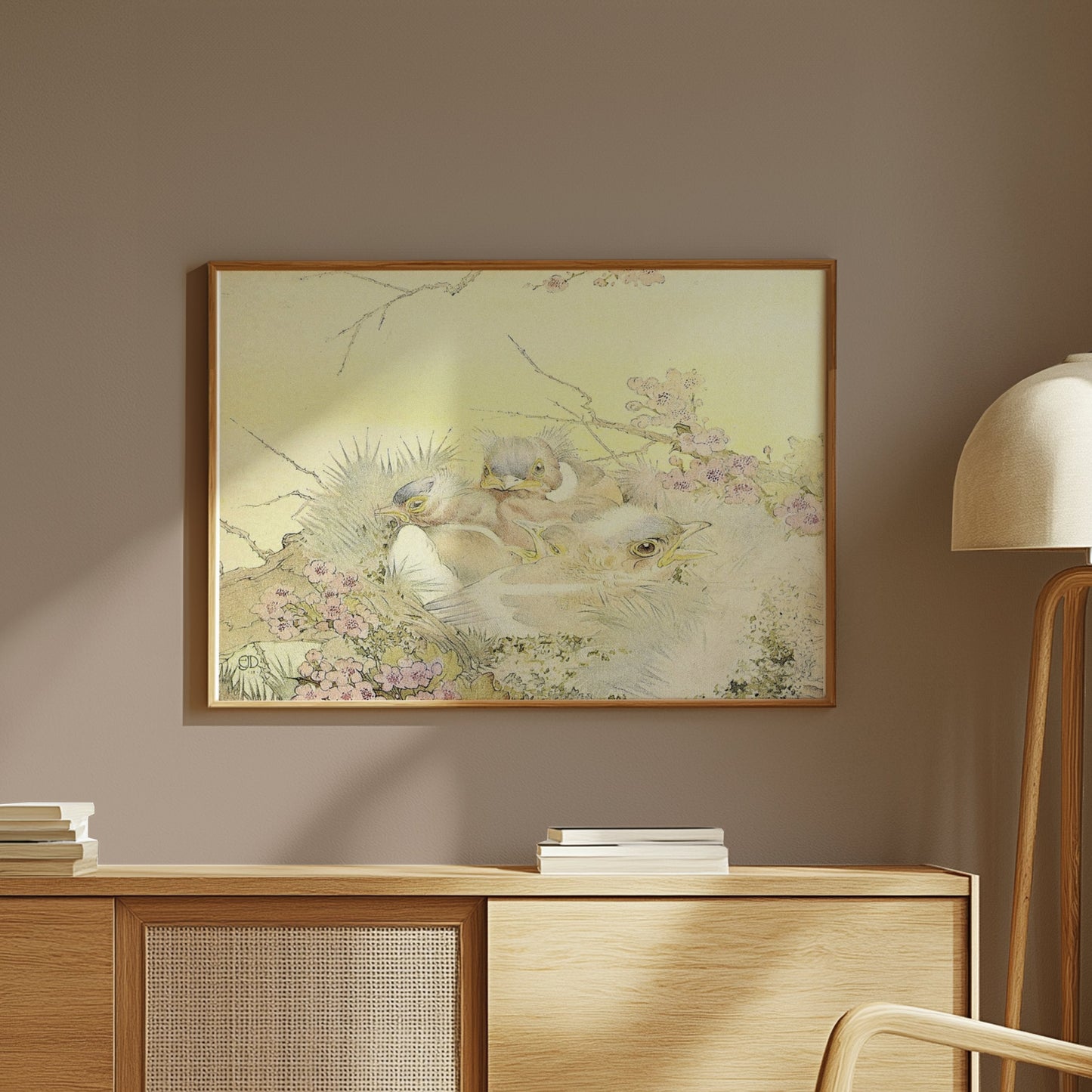 Premium Poster of Adorable Chicks in Nest with Floral Background Posters