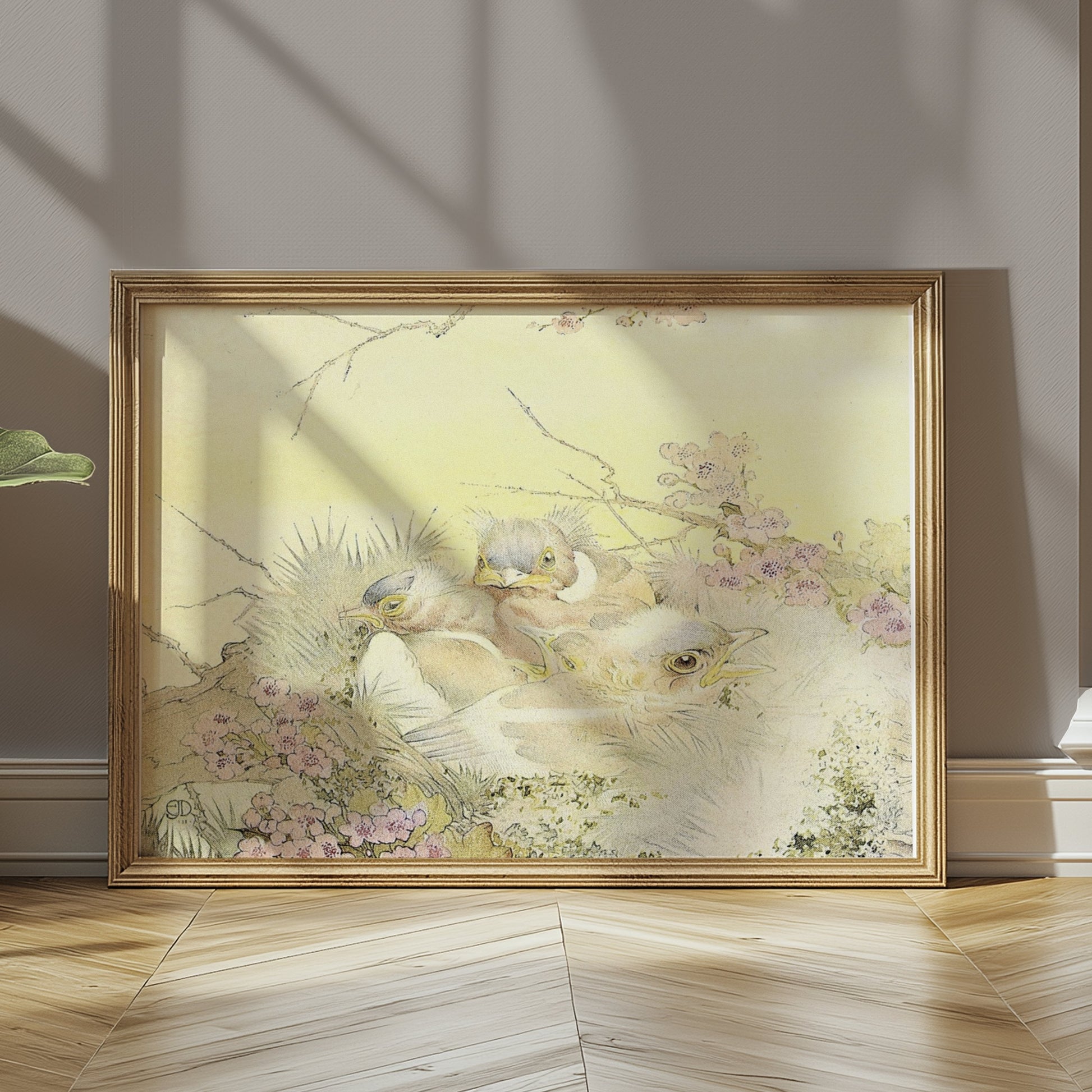Premium Poster of Adorable Chicks in Nest with Floral Background Posters