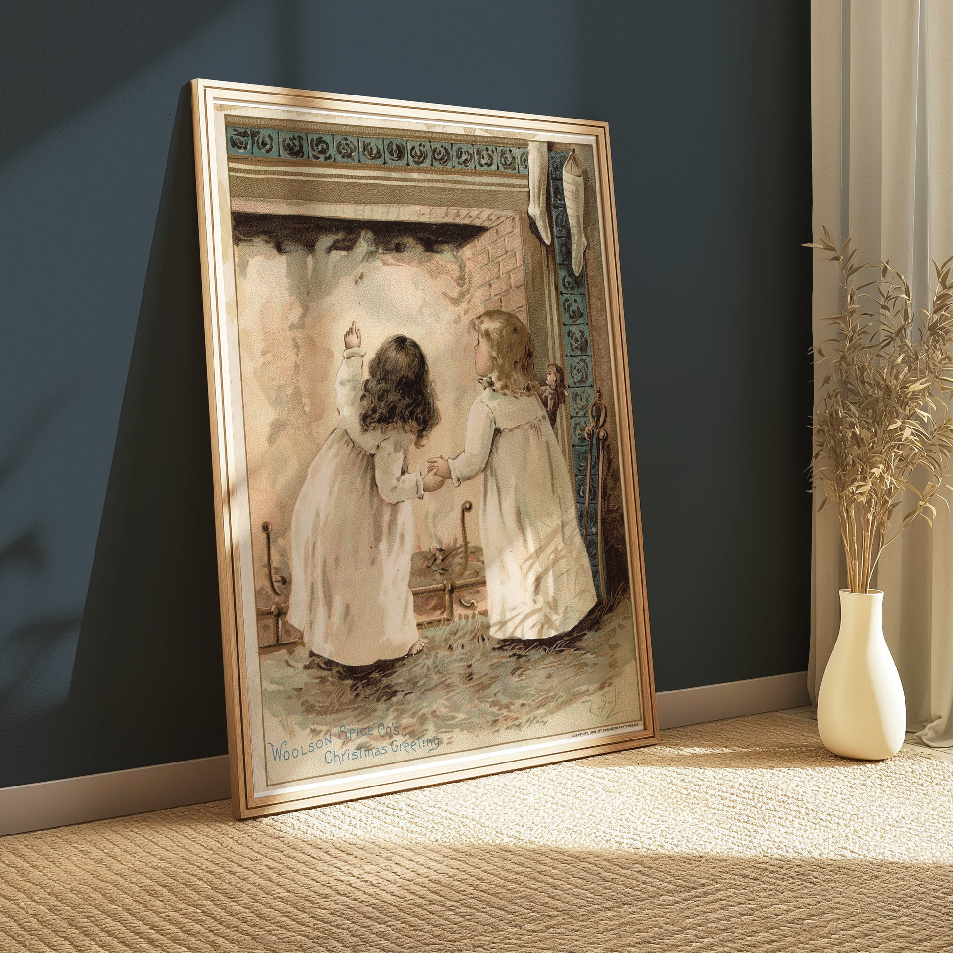 Premium Poster of Adorable Children by Fireplace Woolson Spice Co Posters