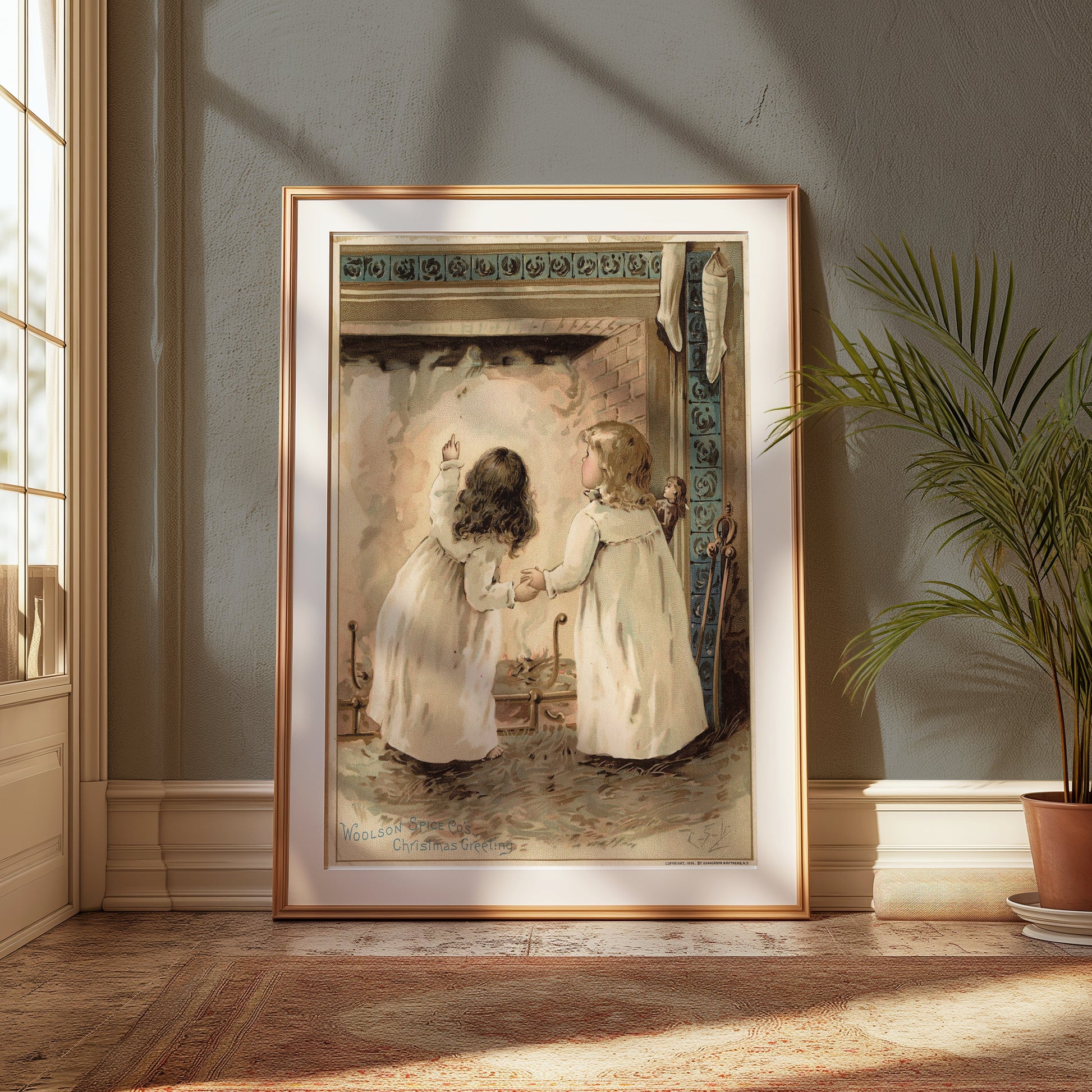 Premium Poster of Adorable Children by Fireplace Woolson Spice Co Posters