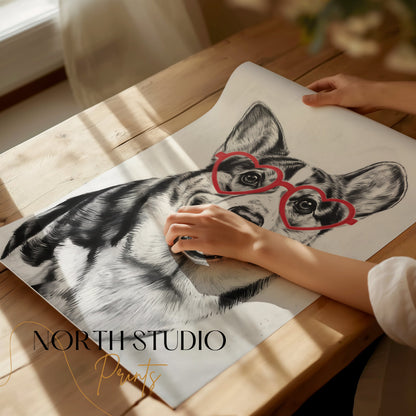 Premium Poster of Adorable Corgi With Heart Shaped Glasses Posters