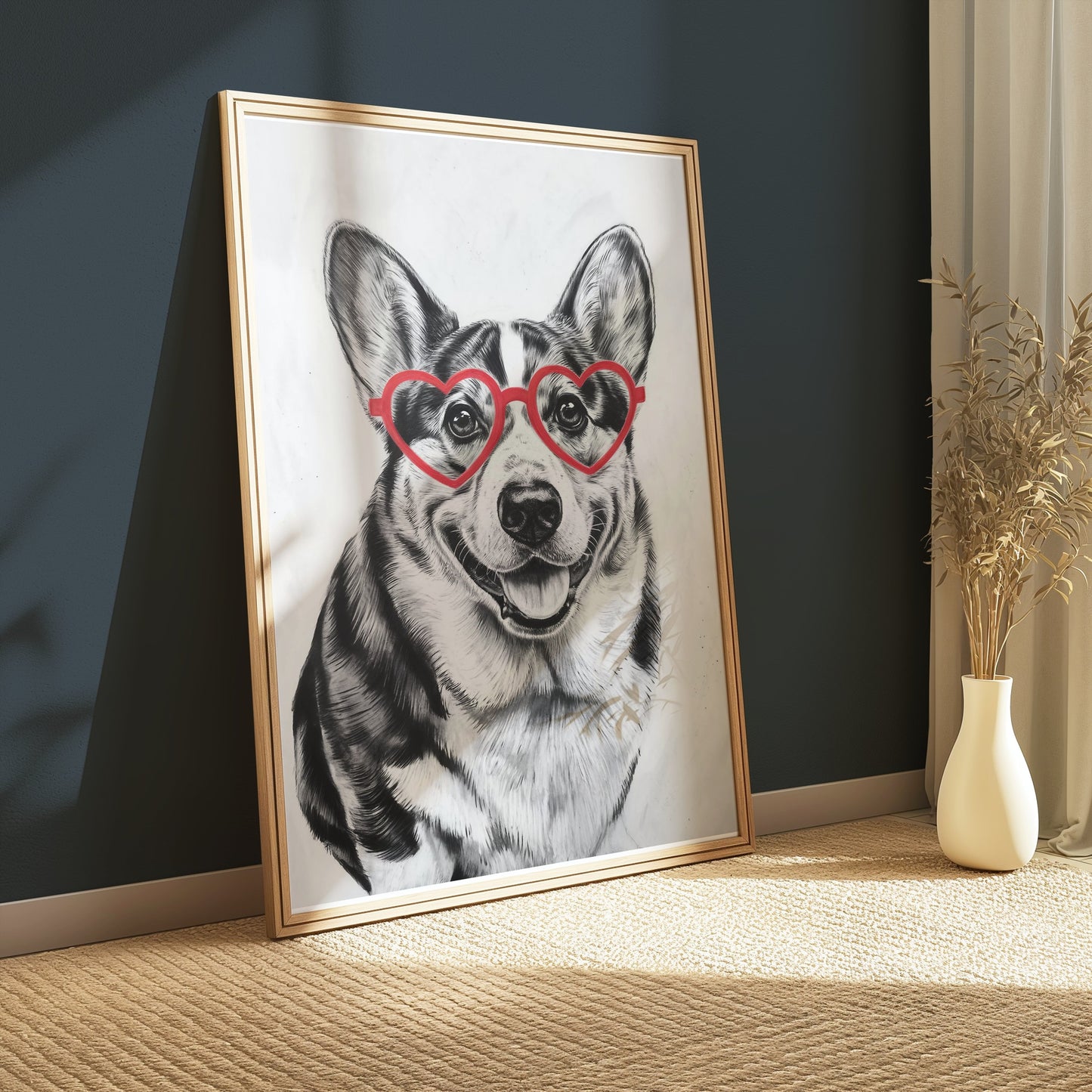 Premium Poster of Adorable Corgi With Heart Shaped Glasses Posters