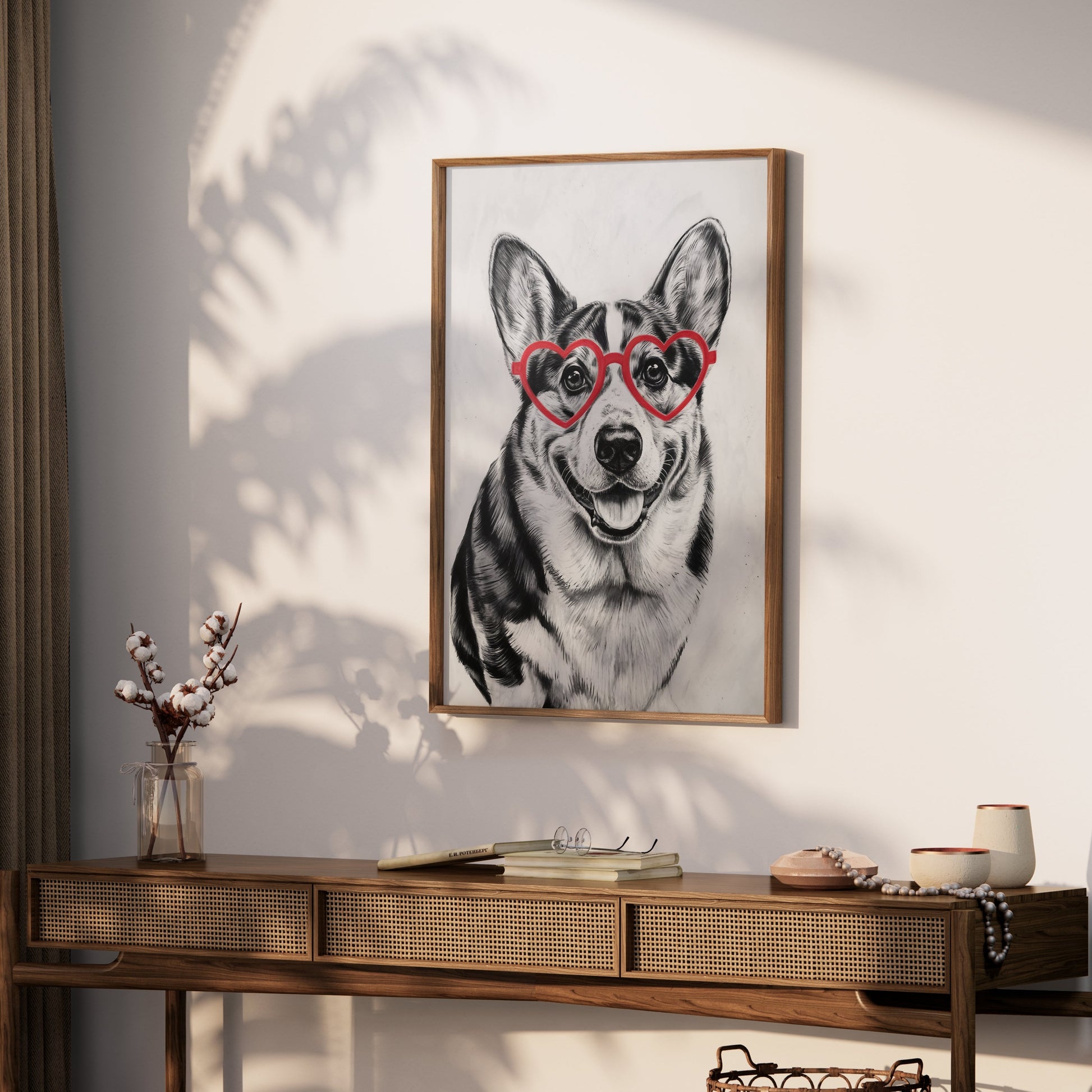 Premium Poster of Adorable Corgi With Heart Shaped Glasses Posters