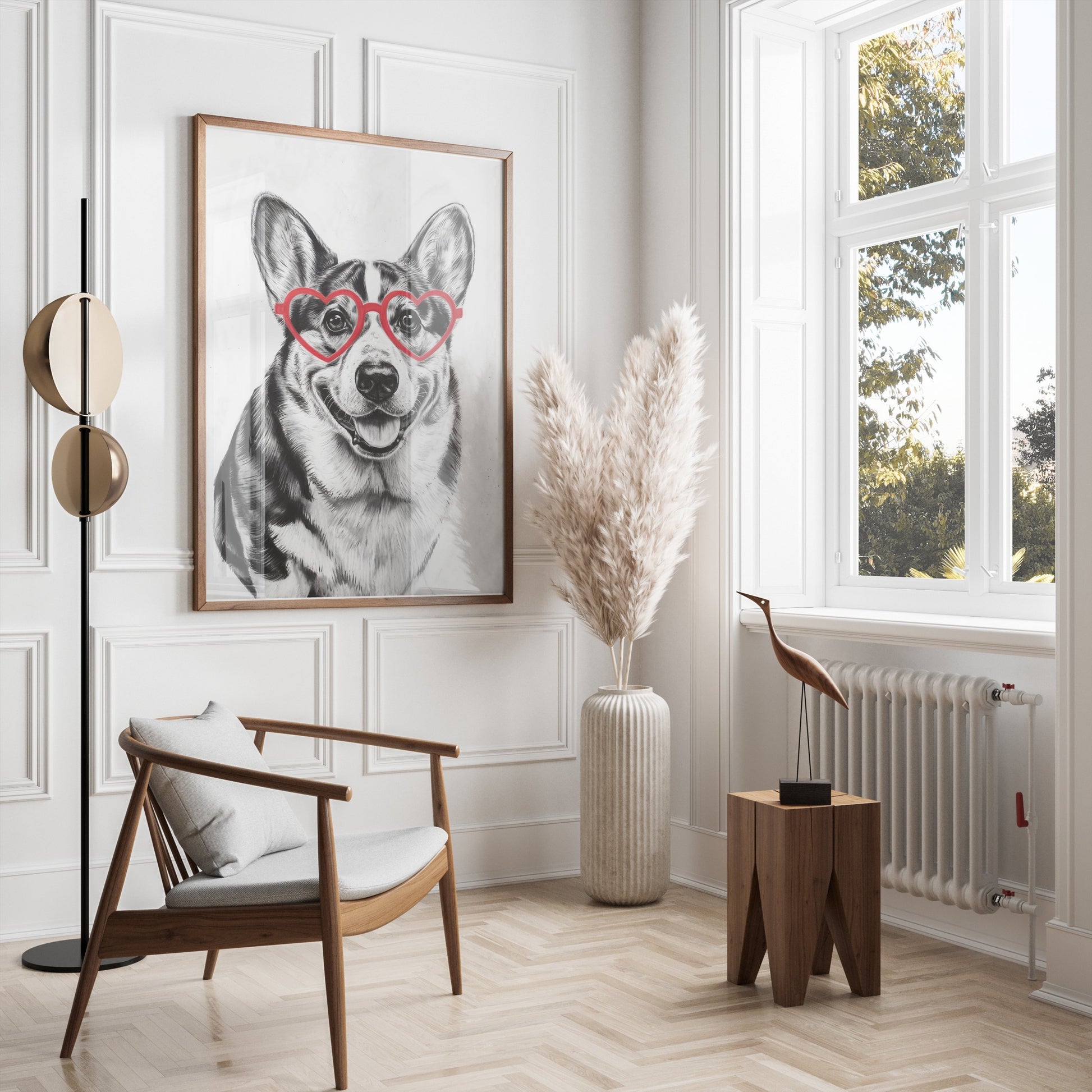 Premium Poster of Adorable Corgi With Heart Shaped Glasses Posters