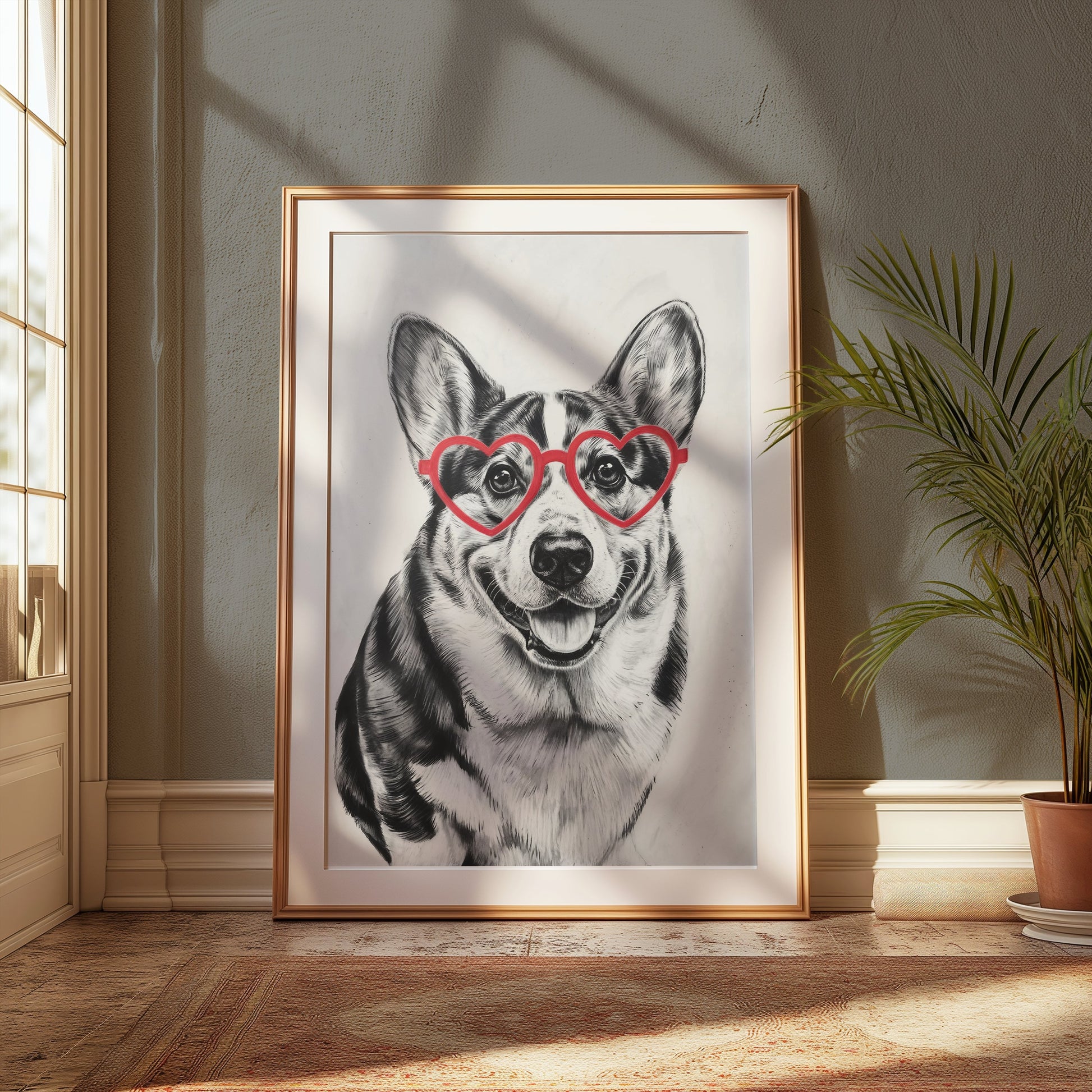 Premium Poster of Adorable Corgi With Heart Shaped Glasses Posters
