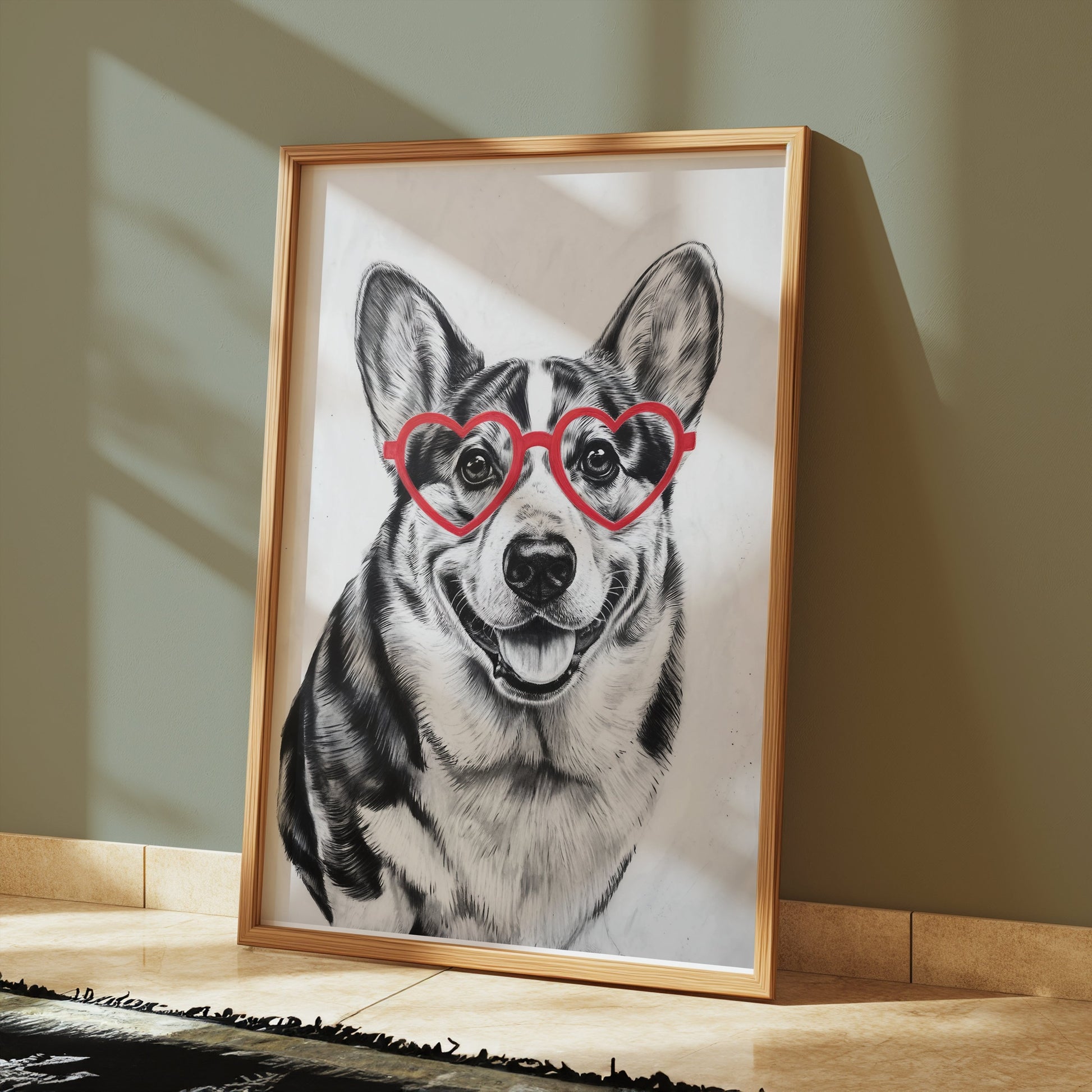 Premium Poster of Adorable Corgi With Heart Shaped Glasses Posters