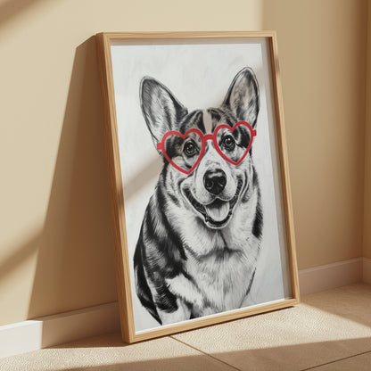 Premium Poster of Adorable Corgi With Heart Shaped Glasses Posters