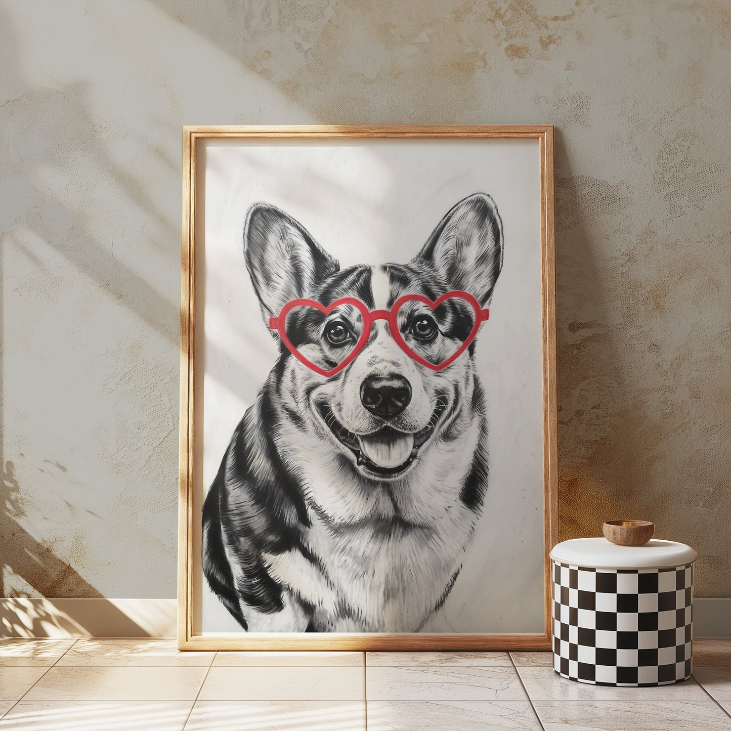 Premium Poster of Adorable Corgi With Heart Shaped Glasses Posters