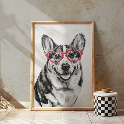 Premium Poster of Adorable Corgi With Heart Shaped Glasses Posters