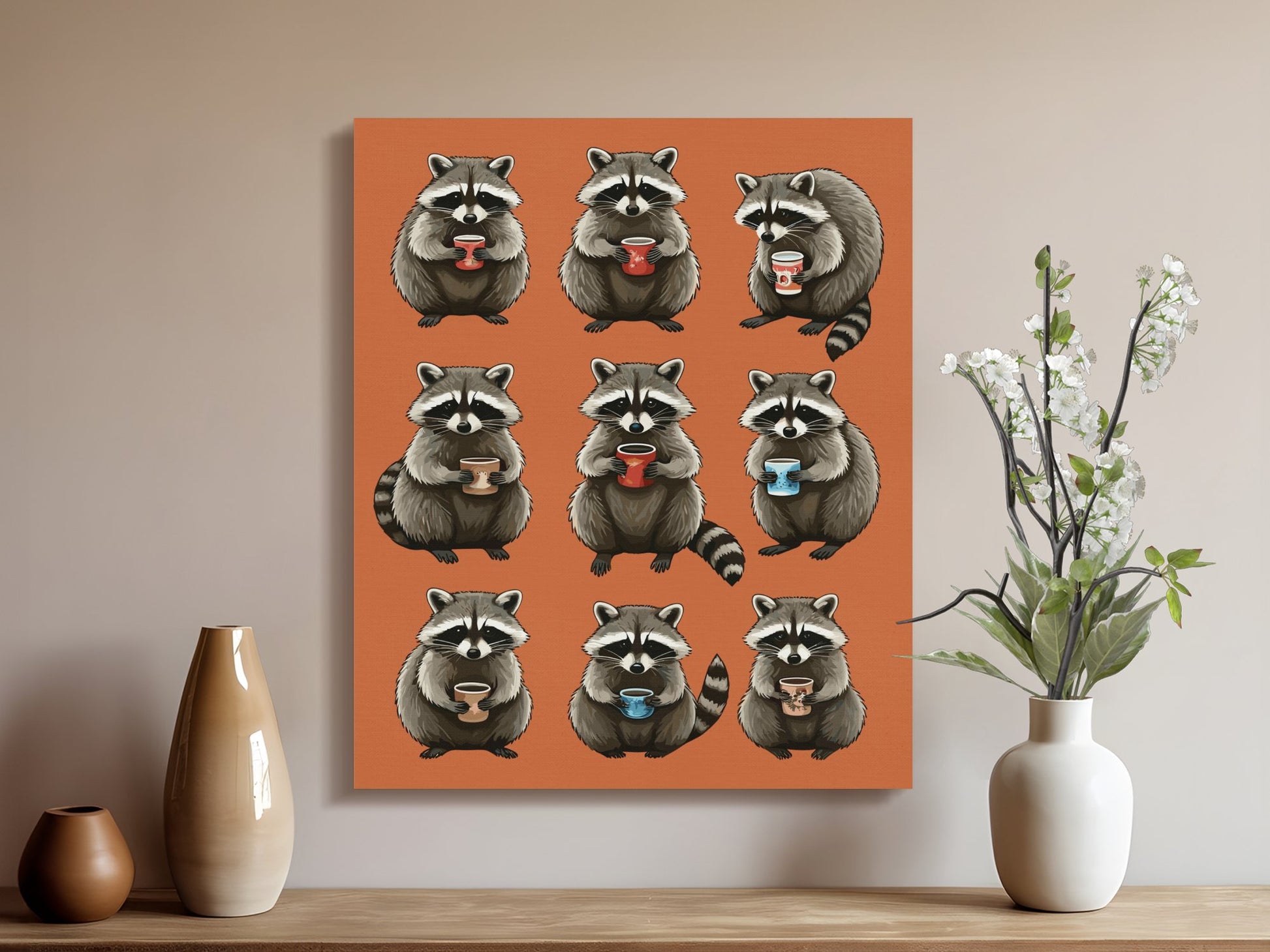 Premium Poster of Adorable Cozy Autumn Raccoons Holding Coffee Cups Canvas Wraps