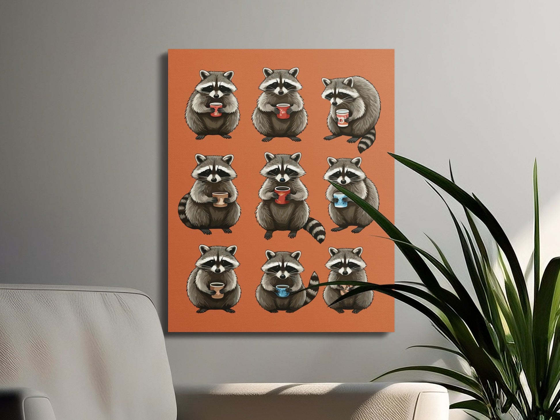 Premium Poster of Adorable Cozy Autumn Raccoons Holding Coffee Cups Canvas Wraps