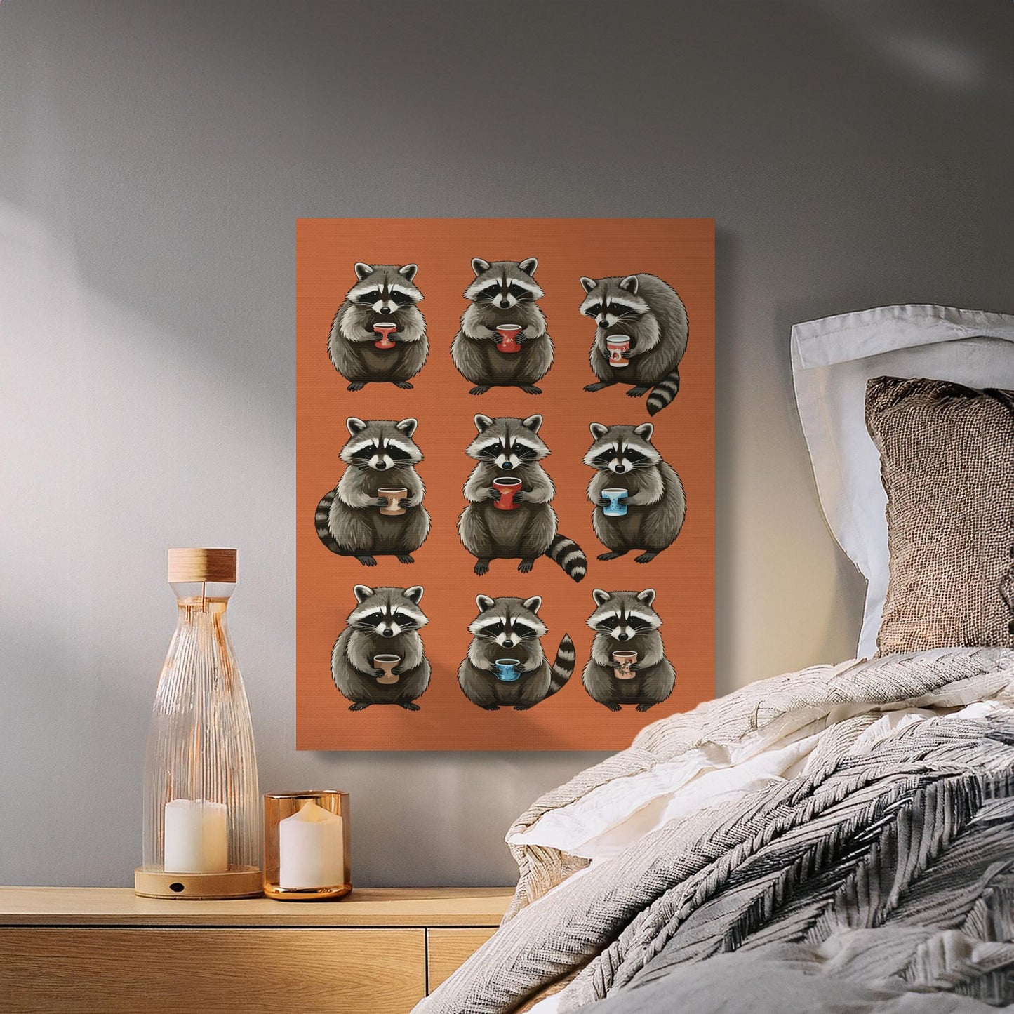 Premium Poster of Adorable Cozy Autumn Raccoons Holding Coffee Cups Canvas Wraps