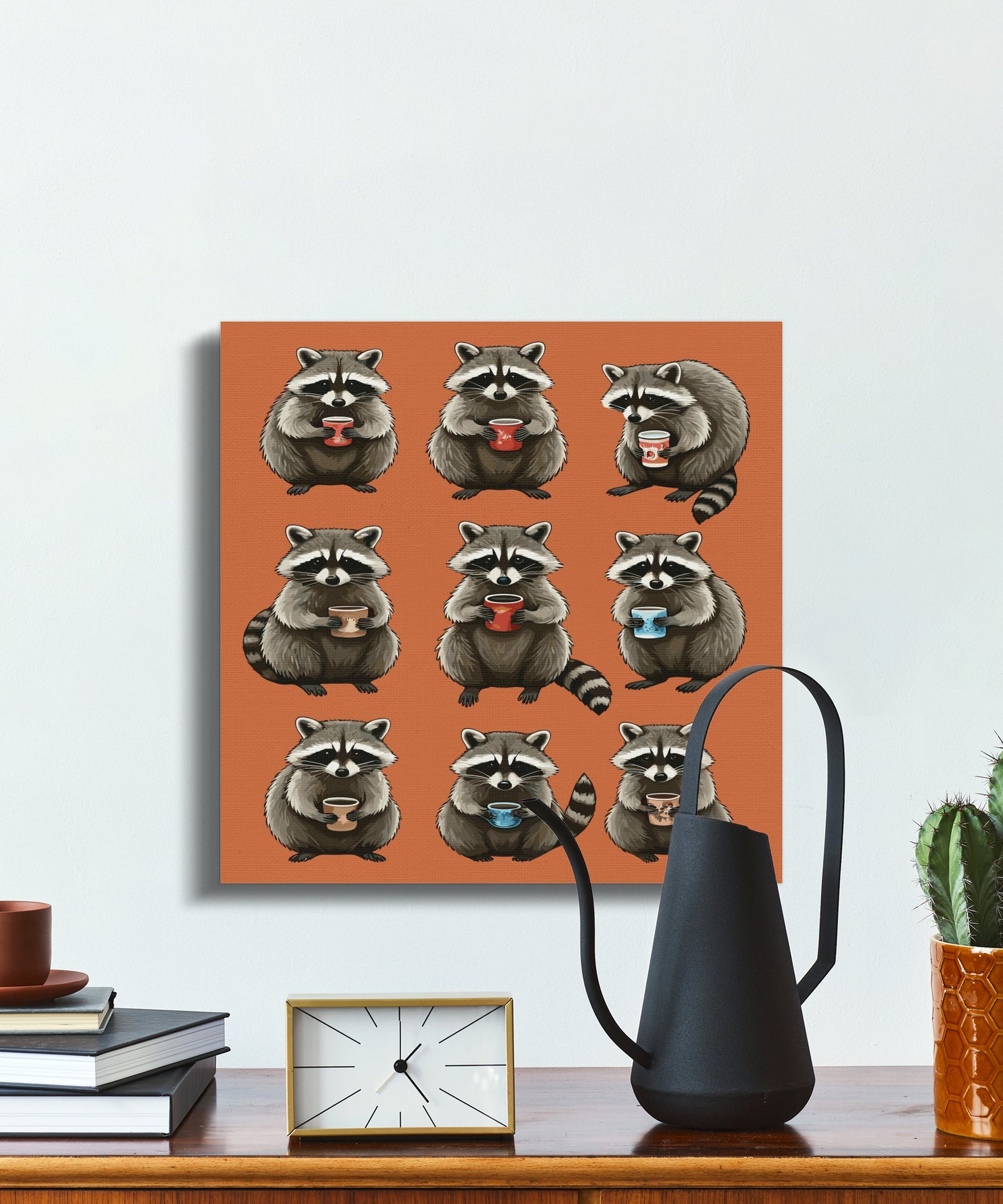 Premium Poster of Adorable Cozy Autumn Raccoons Holding Coffee Cups Canvas Wraps