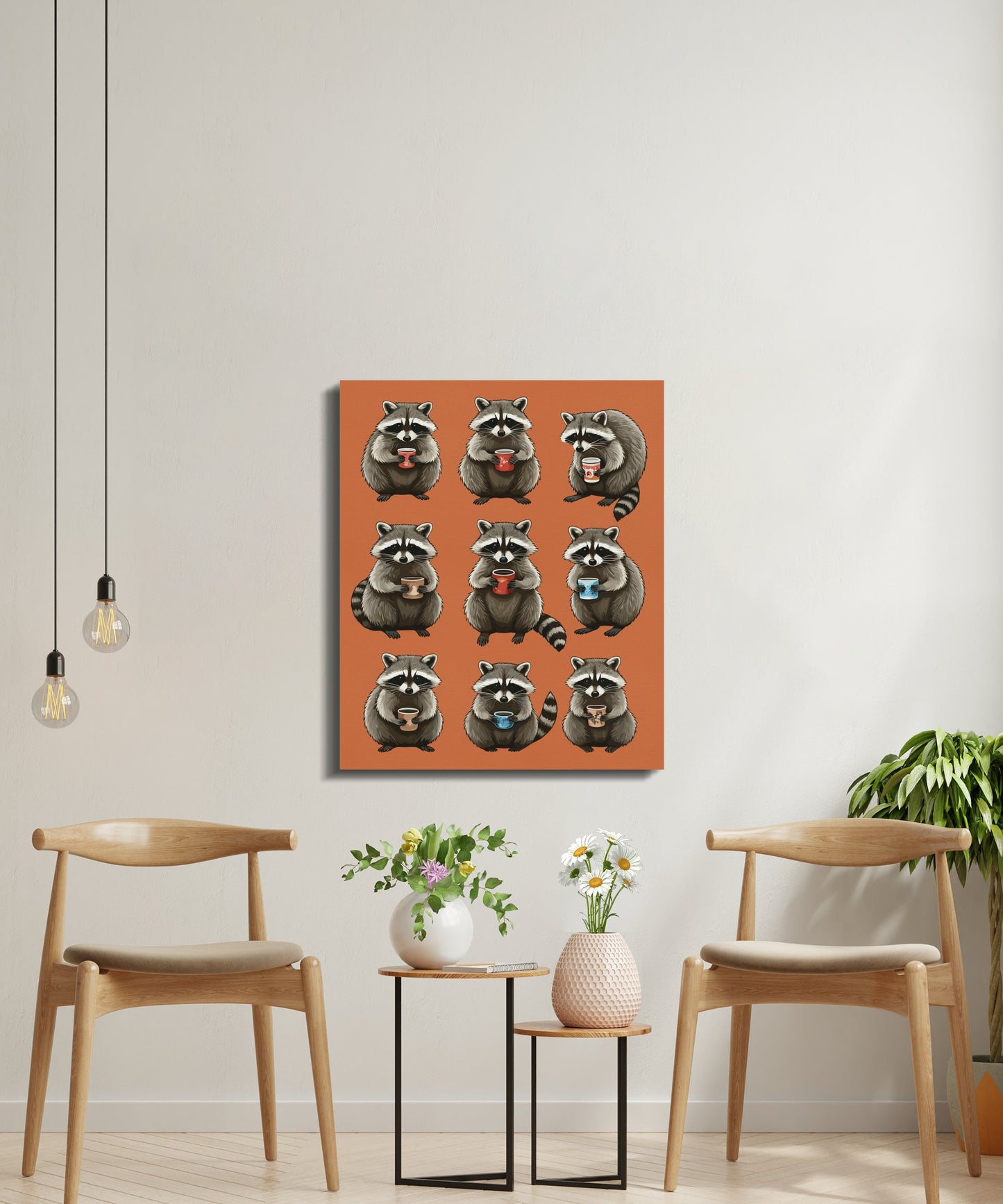 Premium Poster of Adorable Cozy Autumn Raccoons Holding Coffee Cups Canvas Wraps