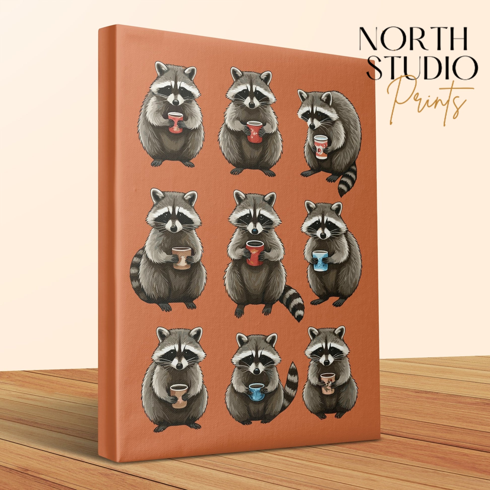 Premium Poster of Adorable Cozy Autumn Raccoons Holding Coffee Cups Canvas Wraps
