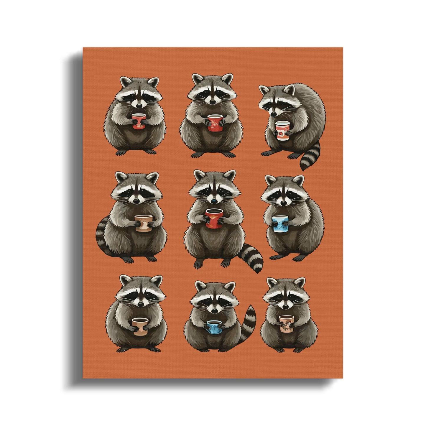 Premium Poster of Adorable Cozy Autumn Raccoons Holding Coffee Cups Canvas Wraps