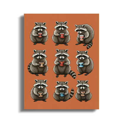 Premium Poster of Adorable Cozy Autumn Raccoons Holding Coffee Cups Canvas Wraps