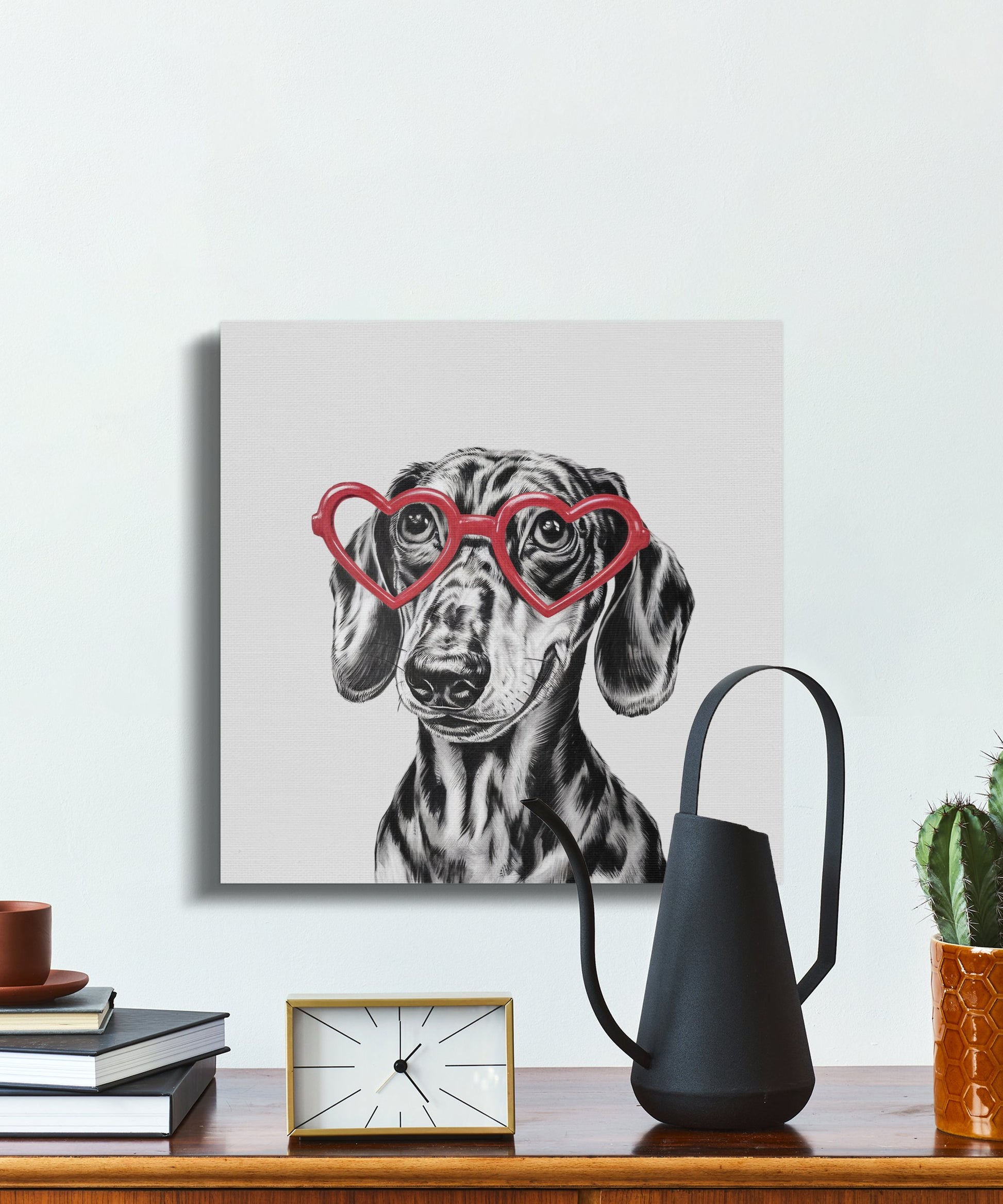 Premium Poster of Adorable Dachshund Sketch with Heart Glasses Canvas Wraps