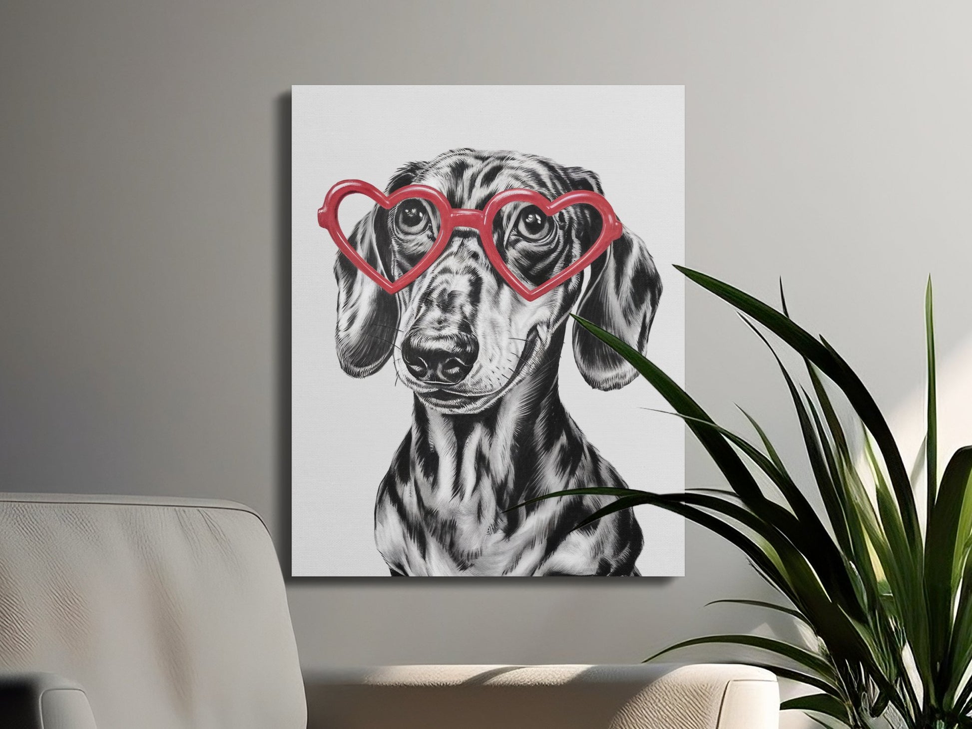 Premium Poster of Adorable Dachshund Sketch with Heart Glasses Canvas Wraps