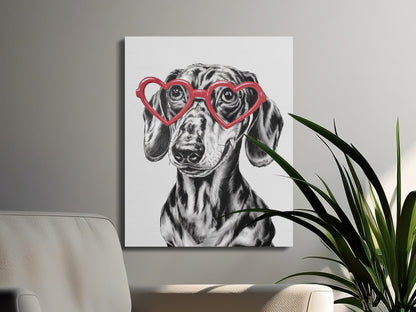 Premium Poster of Adorable Dachshund Sketch with Heart Glasses Canvas Wraps