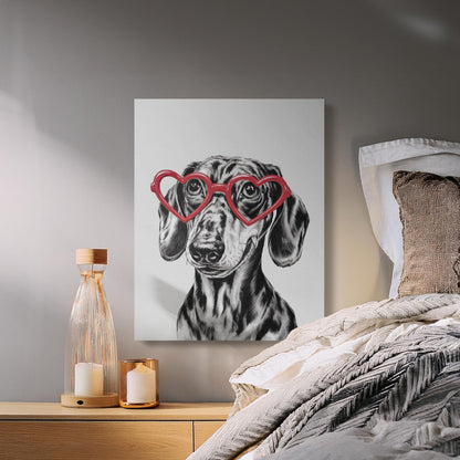 Premium Poster of Adorable Dachshund Sketch with Heart Glasses Canvas Wraps
