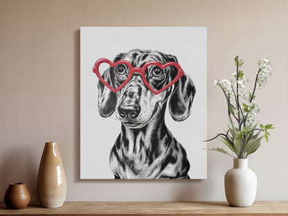 Premium Poster of Adorable Dachshund Sketch with Heart Glasses Canvas Wraps
