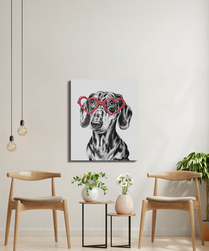 Premium Poster of Adorable Dachshund Sketch with Heart Glasses Canvas Wraps