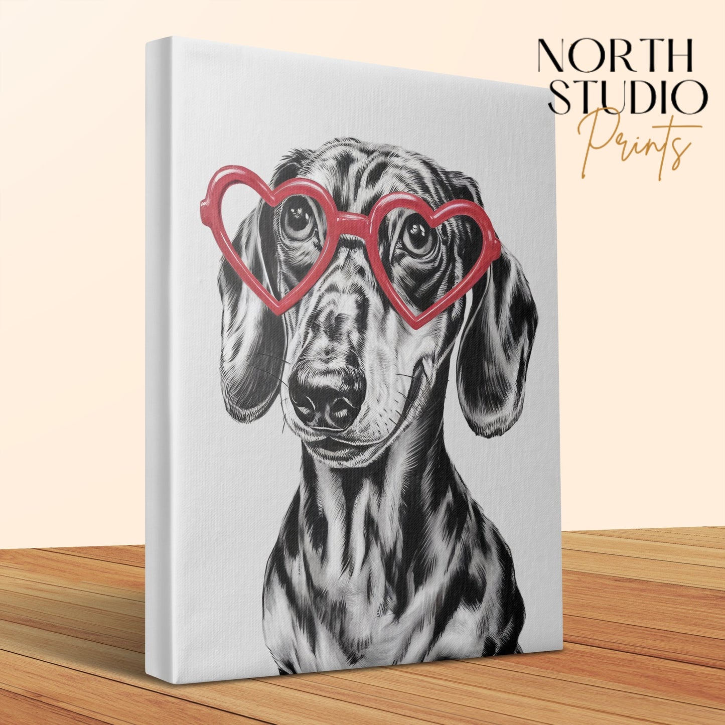 Premium Poster of Adorable Dachshund Sketch with Heart Glasses Canvas Wraps