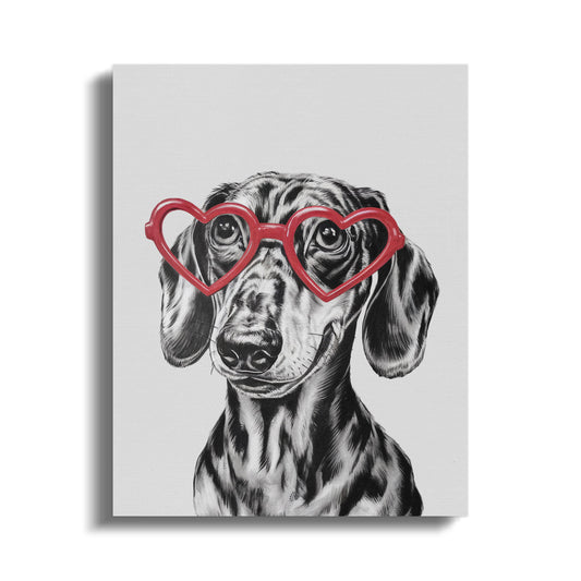 Premium Poster of Adorable Dachshund Sketch with Heart Glasses Canvas Wraps