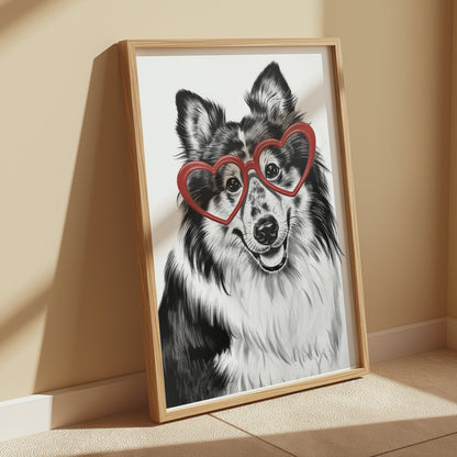Premium Poster of Adorable Dog With Heart Shaped Glasses Print Posters