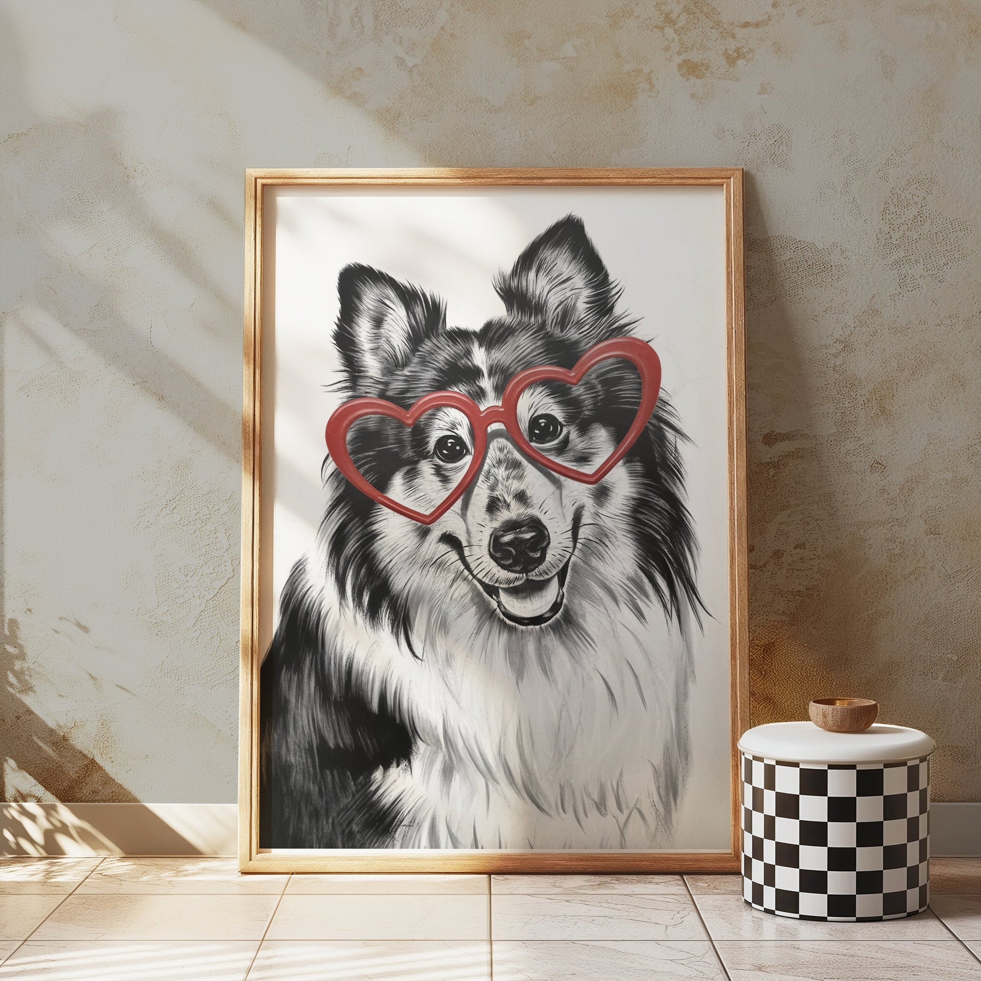 Premium Poster of Adorable Dog With Heart Shaped Glasses Print Posters